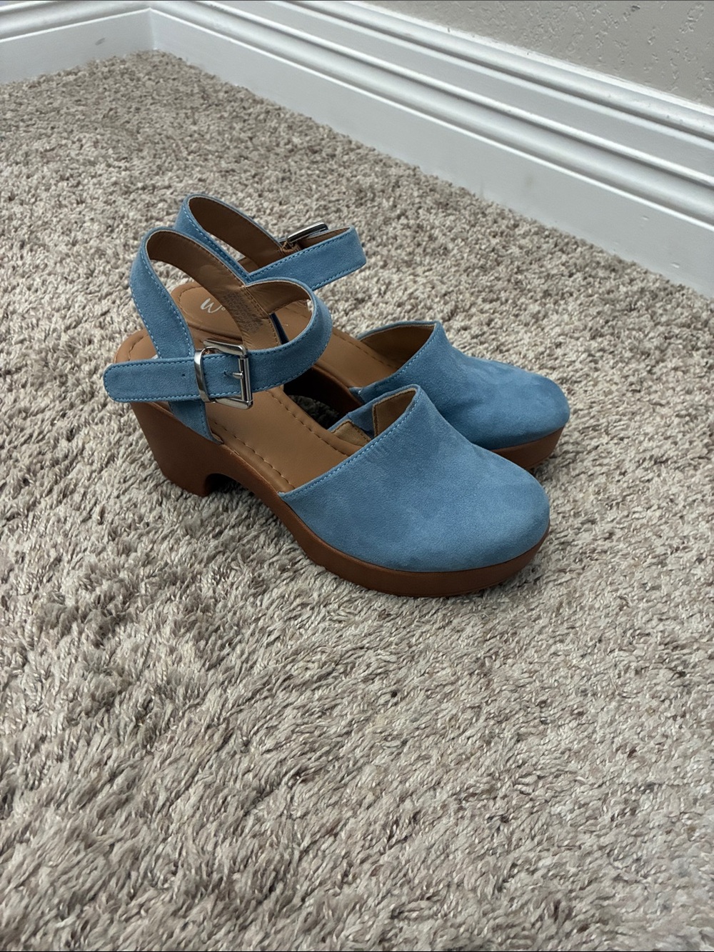 Wonderly Blue Suede Platform Clog Heels with Ankle Strap